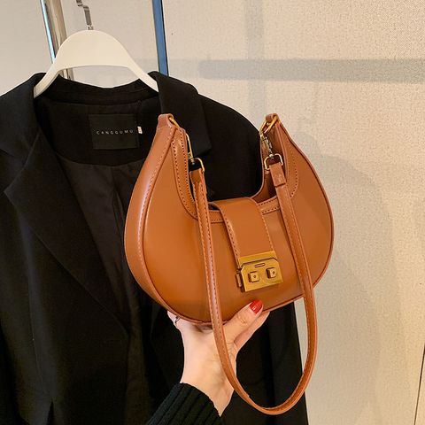 Women's Pu Leather Solid Color Classic Style Sewing Thread Dumpling Shape Lock Clasp Shoulder Bag
