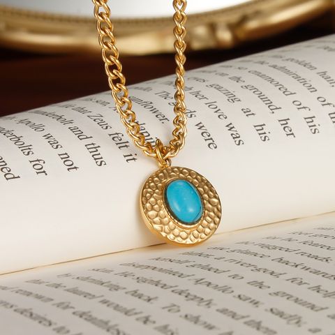 Stainless Steel Vintage Style Simple Style Inlay Round Turquoise Pendant Necklace