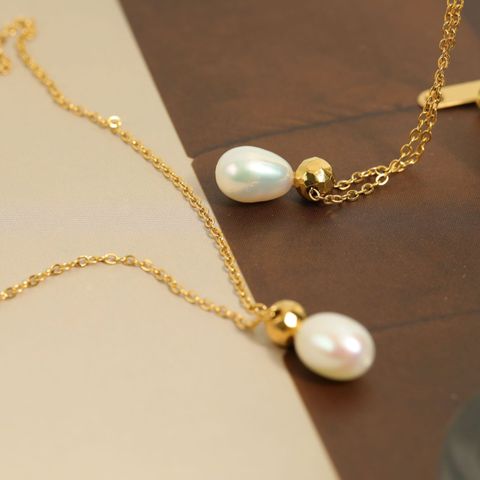304 Stainless Steel Freshwater Pearl 18K Gold Plated Luxurious Classic Style Plating Inlay Geometric Pearl Zircon Necklace