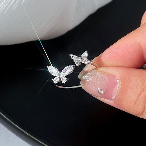 Señora Mariposa Plata Esterlina Embutido Diamante Artificial Anillos Abiertos