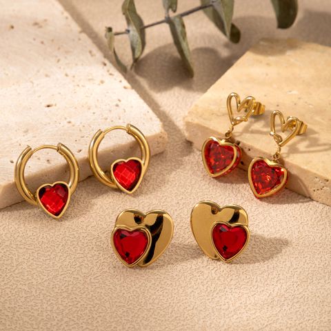 1 Pair French Style Sweet Simple Style Heart Shape Plating Inlay Stainless Steel Zircon 18k Gold Plated Earrings