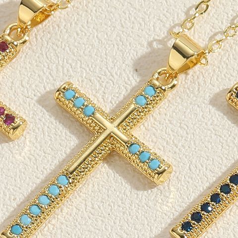 Simple Style Classic Style Cross Copper Plating Inlay Zircon 14k Gold Plated Pendant Necklace