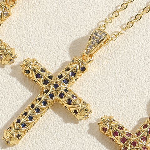 Cute Simple Style Cross Copper Plating Inlay Zircon 14k Gold Plated Pendant Necklace Necklace