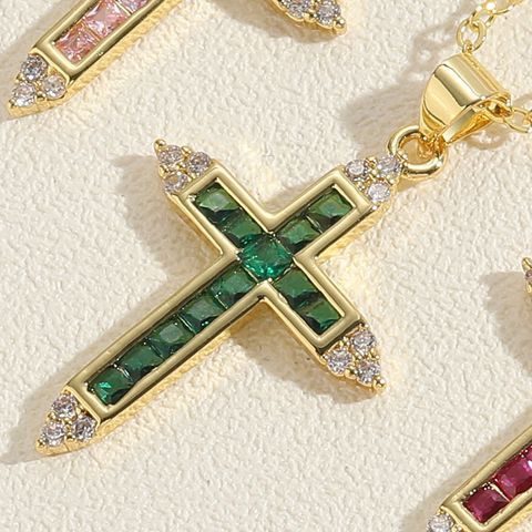 Vintage Style Simple Style Cross Copper Plating Inlay Zircon 14k Gold Plated Pendant Necklace