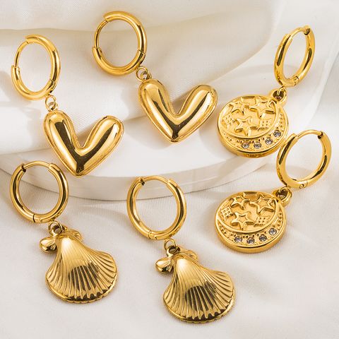 1 Pair Elegant Retro Heart Shape Shell Stainless Steel 18k Gold Plated Drop Earrings