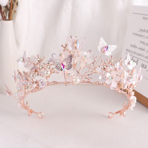 Elegant Bridal Sweet Flower Butterfly Alloy Plating Inlay Artificial Crystal Artificial Pearls Rhinestones Crown