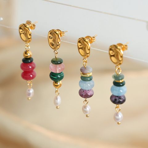 1 Pair Casual Simple Style Round Plating Agate Titanium Steel 18k Gold Plated Dangling Earrings
