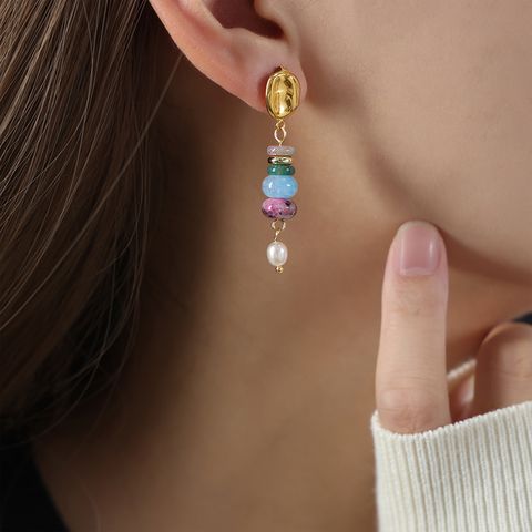 1 Pair Casual Simple Style Round Plating Agate Titanium Steel 18k Gold Plated Dangling Earrings