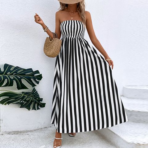 Women's Sundress Elegant Sexy Romantic Strapless Ruched Sleeveless Stripe Maxi Long Dress Holiday Party Beach