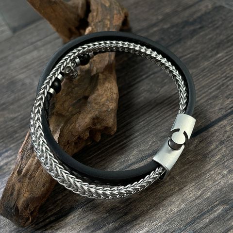 Hip-Hop Skull Stainless Steel Pu Leather Braid Artificial Leather Men's Bangle