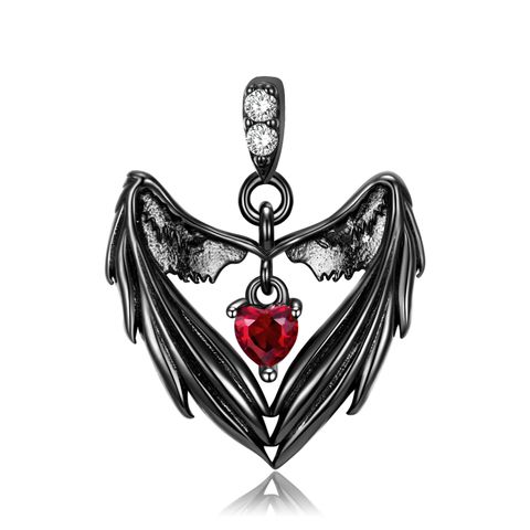 Punk Heart Shape Wings Sterling Silver Plating Inlay Artificial Gemstones Charms Necklace