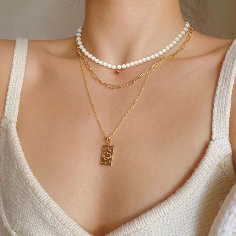 Vintage Style Shiny Square Heart Shape Artificial Pearl Alloy Beaded Women's Three Layer Necklace