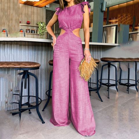 Women's Daily Simple Style Solid Color Full Length Hollow Out Jumpsuits