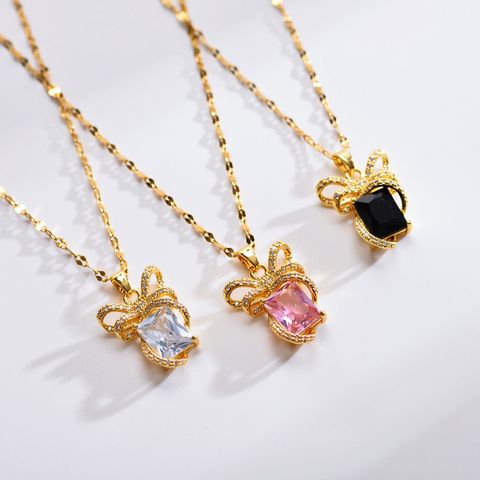 Ig Style Shiny Bow Knot Rectangle Copper Plating Inlay Zircon Pendant Necklace