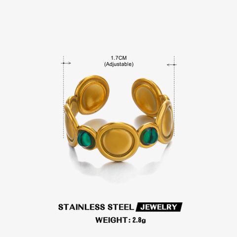 304 Stainless Steel 18K Gold Plated Hip-Hop Plating Inlay Round Natural Stone Turquoise Open Rings