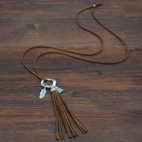 Vintage Style Vacation Ethnic Style Leaf Tassel Alloy Leather Rope Wholesale Long Necklace Necklace