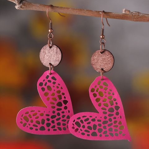 1 Pair Retro Heart Shape Pu Leather Wood Drop Earrings