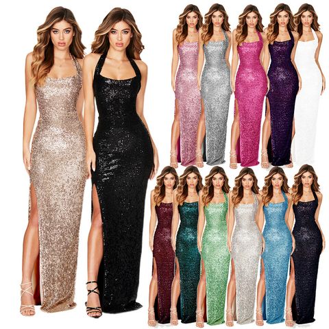 Women's Party Dress Elegant Sexy Halter Neck Sequins Sleeveless Solid Color Maxi Long Dress Banquet Party