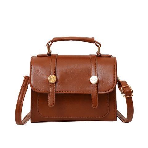 Women's Pu Leather Solid Color Vintage Style Square Magnetic Buckle Handbag