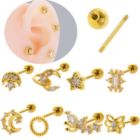 1 Piece Ear Cartilage Rings & Studs Vintage Style French Style Simple Style Star Moon Butterfly 316 Stainless Steel  Copper Plating Inlay Zircon