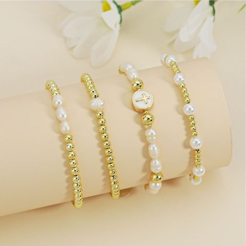 Simple Style Cross Round Freshwater Pearl Copper Beaded Bracelets