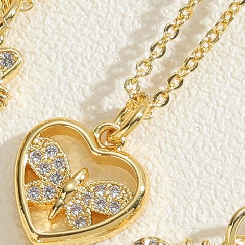 Vacation Simple Style Heart Shape Bee Dragonfly Copper Plating Inlay Zircon 14k Gold Plated Pendant Necklace