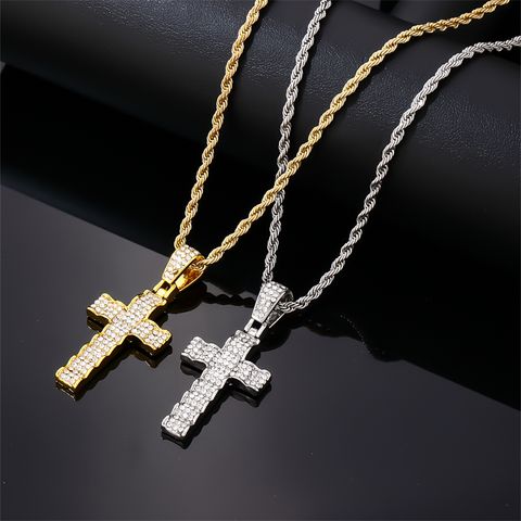 Hip-Hop Vintage Style Simple Style Cross 304 Stainless Steel Alloy Plating Inlay Rhinestones K Gold Plated Rhodium Plated Men's Pendant Necklace
