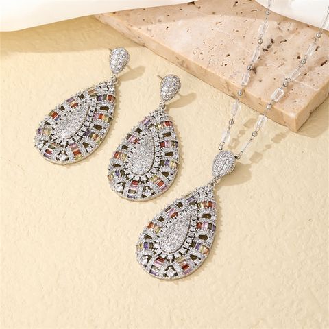 Lady Water Droplets Copper Plating Inlay Zircon White Gold Plated Earrings Necklace