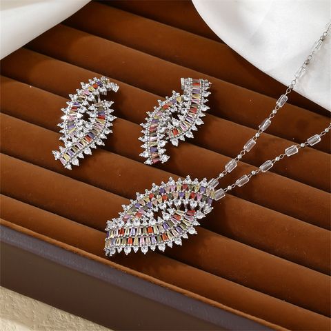 Lady Shiny Oval Copper Plating Hollow Out Inlay Zircon White Gold Plated Earrings Necklace
