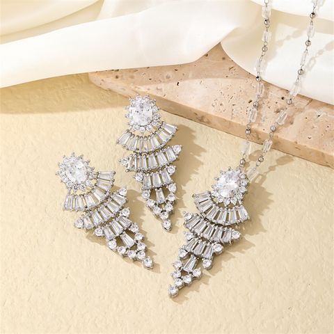 Lady Shiny Leaves Copper Plating Hollow Out Inlay Zircon White Gold Plated Earrings Necklace
