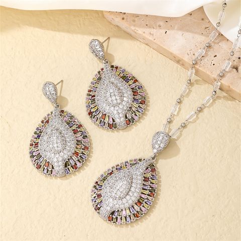 Lady Water Droplets Copper Plating Inlay Zircon White Gold Plated Earrings Necklace