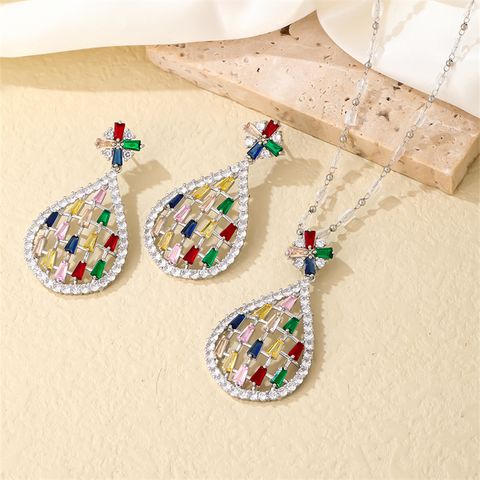 Lady Water Droplets Copper Plating Hollow Out Inlay Zircon White Gold Plated Earrings Necklace