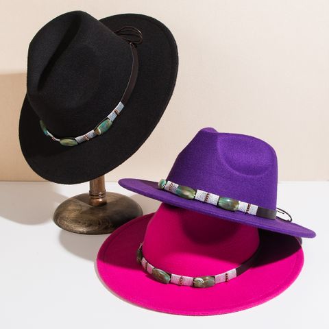 Unisex British Style Solid Color Belt Buckle Wide Eaves Fedora Hat