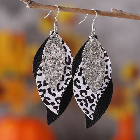 1 Pair Retro Leopard Sequins Layered Pu Leather Drop Earrings