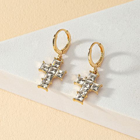 1 Pair Commute Shiny Cross Plating Inlay Alloy Zircon 14k Gold Plated Drop Earrings