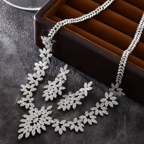 Lady Shiny Leaves Copper Plating Inlay Zircon White Gold Plated Earrings Necklace