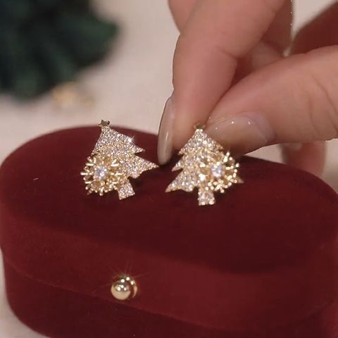 1 Pair Simple Style Shiny Christmas Tree Plating Inlay Copper Zircon Ear Studs