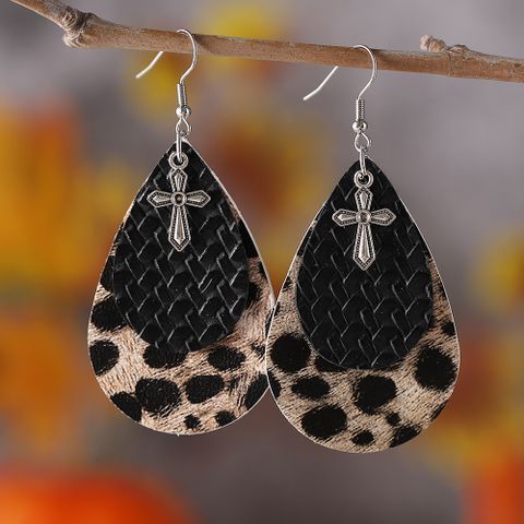 1 Pair Retro Cowboy Style Cross Water Droplets Leopard Layered Pu Leather Drop Earrings
