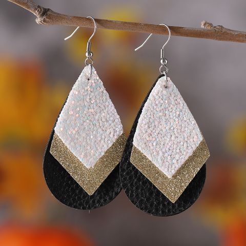 1 Pair Retro Water Droplets Rhombus Sequins Layered Pu Leather Drop Earrings