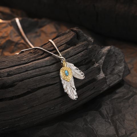 Vintage Style Feather Sterling Silver Plating Inlay Turquoise 24k Gold Plated White Gold Plated Pendant Necklace