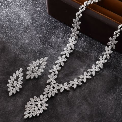 Lady Modern Style Leaves Copper Plating Inlay Zircon White Gold Plated Earrings Necklace
