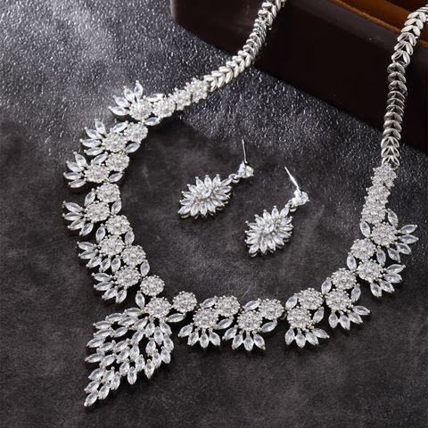 Lady Classic Style Leaves Copper Plating Inlay Zircon White Gold Plated Earrings Necklace