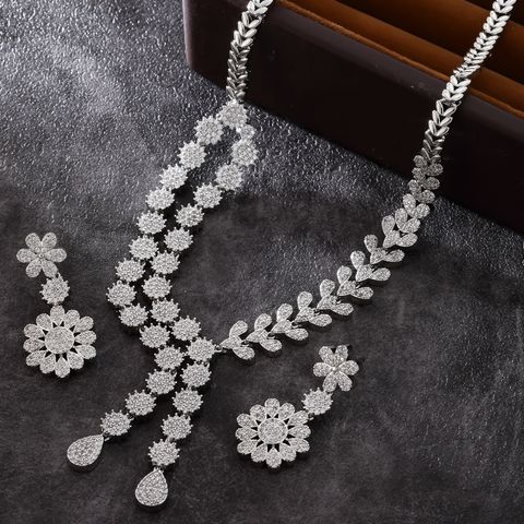 Glam Luxurious Flower Copper Plating Inlay Zircon White Gold Plated Earrings Necklace