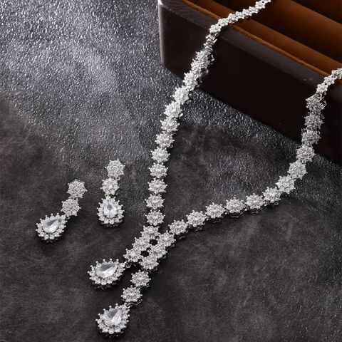 Elegant Basic Lady Water Droplets Copper Plating Inlay Zircon White Gold Plated Earrings Necklace