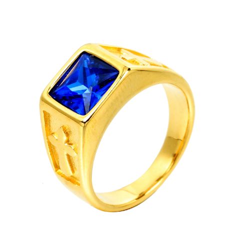 Simple Style Cross Rectangle Stainless Steel Plating Inlay Glass Stone Zircon 18K Gold Plated Men's Rings