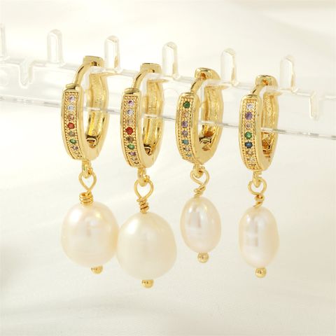 1 Pair Retro Simple Style Irregular Plating Inlay Freshwater Pearl Copper Zircon 18k Gold Plated Drop Earrings