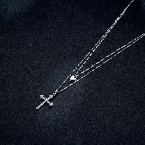 Casual Cross Sterling Silver Plating Inlay Zircon White Gold Plated Necklace