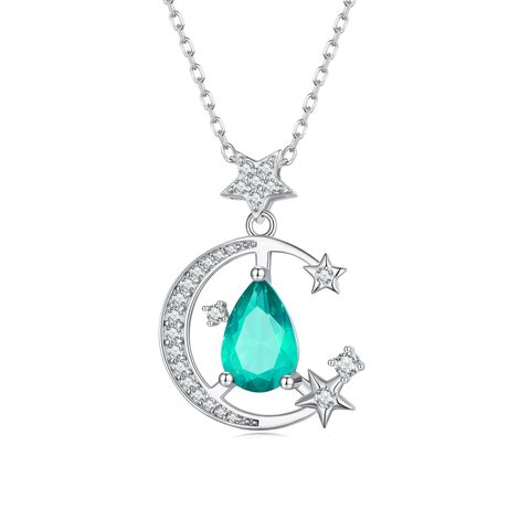 Elegant Star Moon Sterling Silver Plating Inlay Zircon White Gold Plated Pendant Necklace