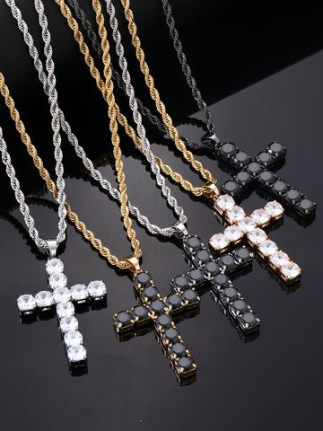Hip-Hop Vintage Style Simple Style Cross 304 Stainless Steel Alloy Plating Inlay Zircon K Gold Plated Rhodium Plated Men's Pendant Necklace