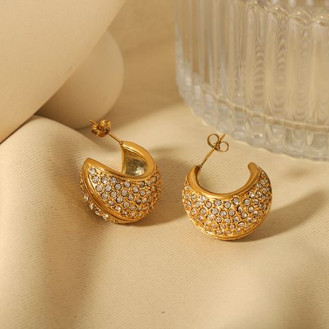 1 Pair IG Style Nordic Style African Style Solid Color Plating Inlay 304 Stainless Steel Rhinestones 18K Gold Plated Hoop Earrings